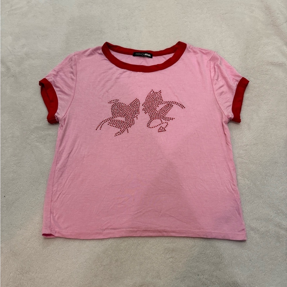 Fashion Nova Cropped Pink Angel and Devil Rhinestone Baby T Shirt​​​